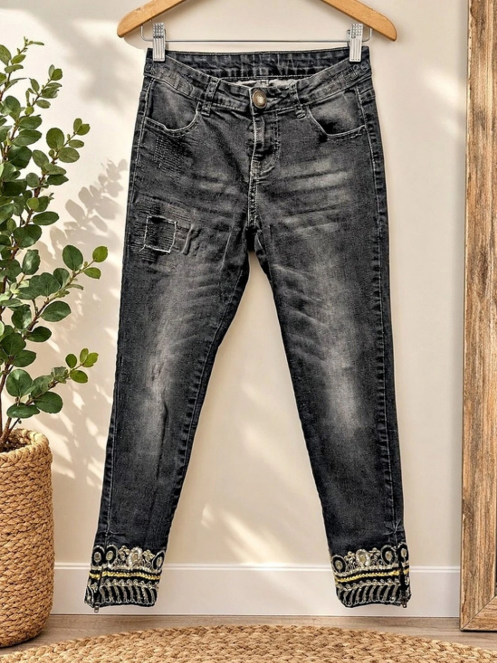 Desigual Women's Skinny Jeans with Embellished Cuffs Size 25